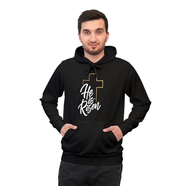 Athletic Hoodie featuring 'He is Risen' design, Religious Gift, Casual Wear, Workout Apparel, Easter Celebration, Faith-Inspired Clothing