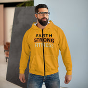 Earth Strong Fitness Unisex Zip Hoodie, Motivational Workout Hoodie, AOP Fitness Wear, Eco-Friendly Apparel, Yellow Zip-Up Sweatshirt.