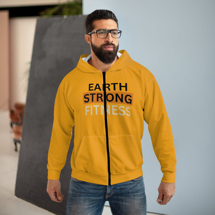 Earth Strong Fitness Unisex Zip Hoodie, Motivational Workout Hoodie, AOP Fitness Wear, Eco-Friendly Apparel, Yellow Zip-Up Sweatshirt.