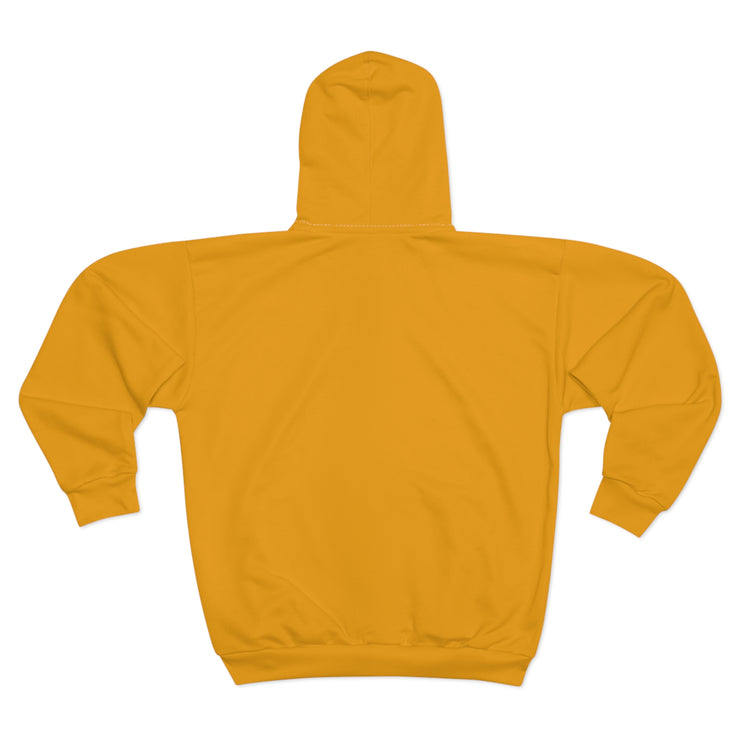Earth Strong Fitness Unisex Zip Hoodie, Motivational Workout Hoodie, AOP Fitness Wear, Eco-Friendly Apparel, Yellow Zip-Up Sweatshirt.