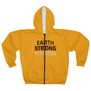 Earth Strong Fitness Unisex Zip Hoodie, Motivational Workout Hoodie, AOP Fitness Wear, Eco-Friendly Apparel, Yellow Zip-Up Sweatshirt.