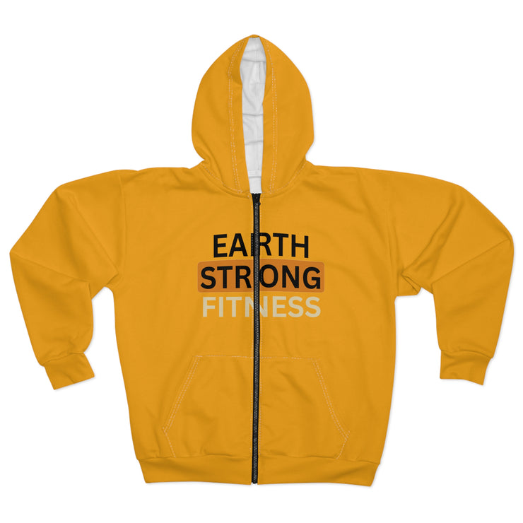 Earth Strong Fitness Unisex Zip Hoodie, Motivational Workout Hoodie, AOP Fitness Wear, Eco-Friendly Apparel, Yellow Zip-Up Sweatshirt.