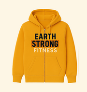 Earth Strong Fitness Unisex Zip Hoodie, Motivational Workout Hoodie, AOP Fitness Wear, Eco-Friendly Apparel, Yellow Zip-Up Sweatshirt.