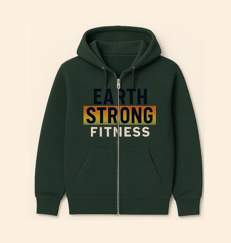 Earth Strong Fitness Hoodie - Men's Full-Zip, Activewear, Sports Jacket, Gym Gear, Eco-Friendly Apparel