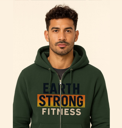 Earth Strong Fitness Hoodie - Men's Full-Zip, Activewear, Sports Jacket, Gym Gear, Eco-Friendly Apparel