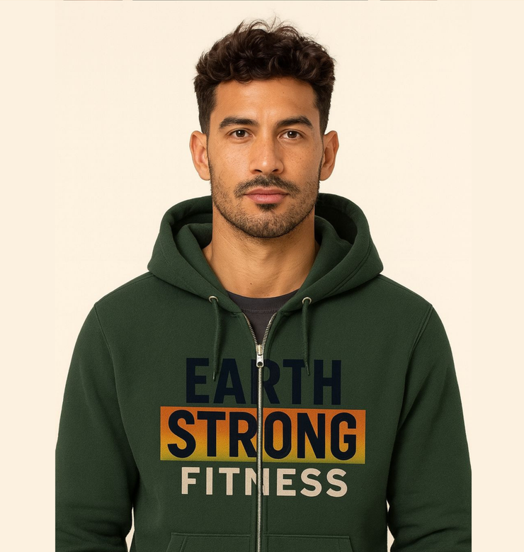 Earth Strong Fitness Hoodie - Men's Full-Zip, Activewear, Sports Jacket, Gym Gear, Eco-Friendly Apparel