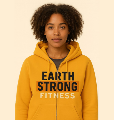 Earth Strong Fitness Unisex Zip Hoodie, Motivational Workout Hoodie, AOP Fitness Wear, Eco-Friendly Apparel, Yellow Zip-Up Sweatshirt.