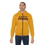 Earth Strong Fitness Unisex Zip Hoodie, Motivational Workout Hoodie, AOP Fitness Wear, Eco-Friendly Apparel, Yellow Zip-Up Sweatshirt.