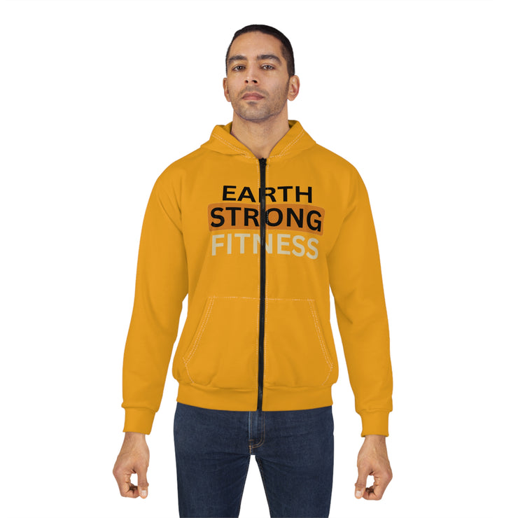 Earth Strong Fitness Unisex Zip Hoodie, Motivational Workout Hoodie, AOP Fitness Wear, Eco-Friendly Apparel, Yellow Zip-Up Sweatshirt.